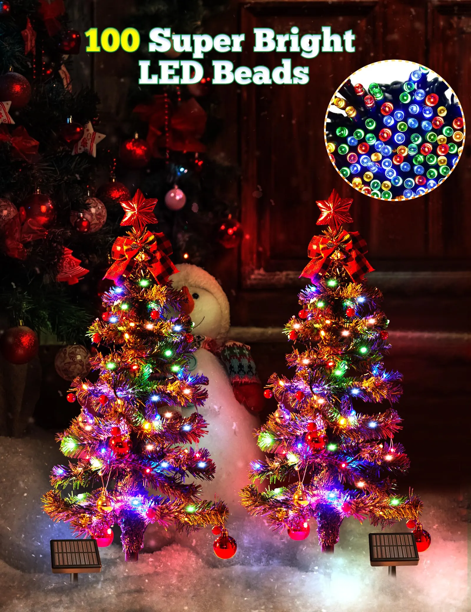 100LED Solar Christmas Tree Lights Outdoor Waterproof, 8 Modes Large Solar Christmas Trees Lights with Xmas Ball & Red Berry, Solar Powered Christmas Decorations for Outside Pathway Garden Yard Decor