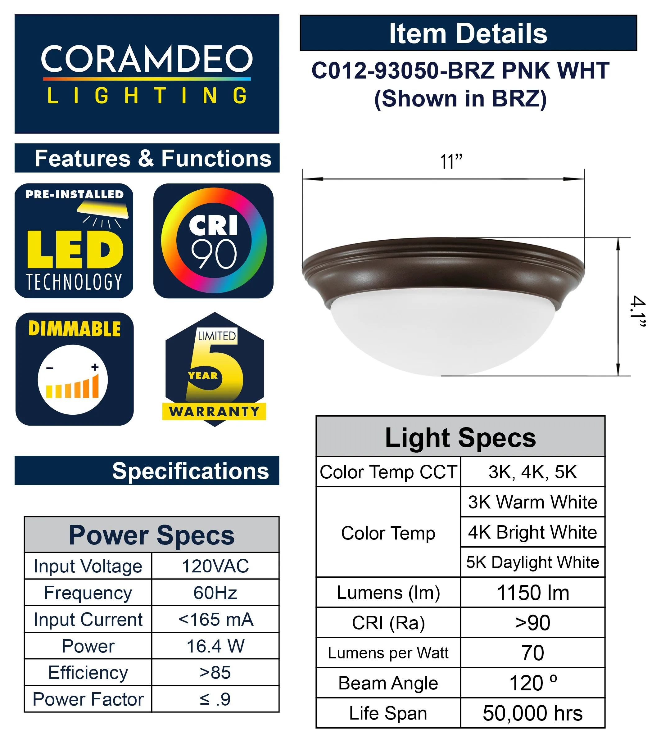 11 Inch Integrated LED Smooth Ceiling Flush Mount Fixture, 1150 Lumen, 3K/4K/5K Switch, 90  CRI, in 3 Finishes