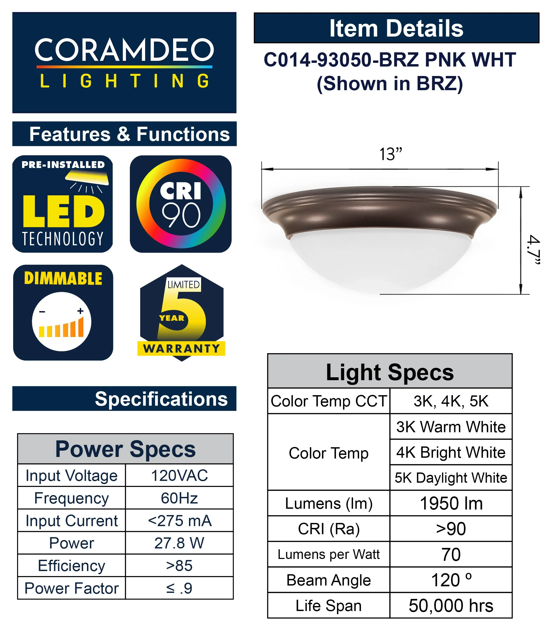 13 Inch Integrated LED Smooth Ceiling Flush Mount Fixture, 1950 Lumen, 3K/4K/5K Switch, 90  CRI, in 3 Finishes