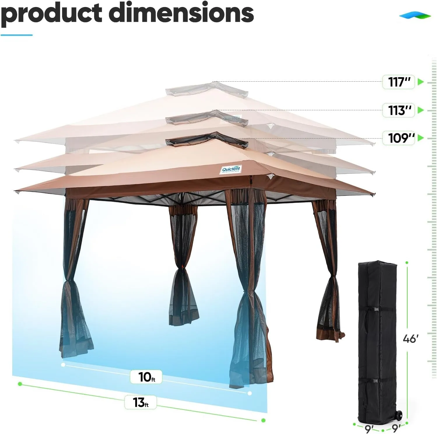 13'X13’ Pop up Gazebo with Mosquito Netting, One Person Set up Outdoor Canopy Tent, Easy up Screened House Tent Shelter Vented for Patio, Backyard or Outdoor, Khaki Brown