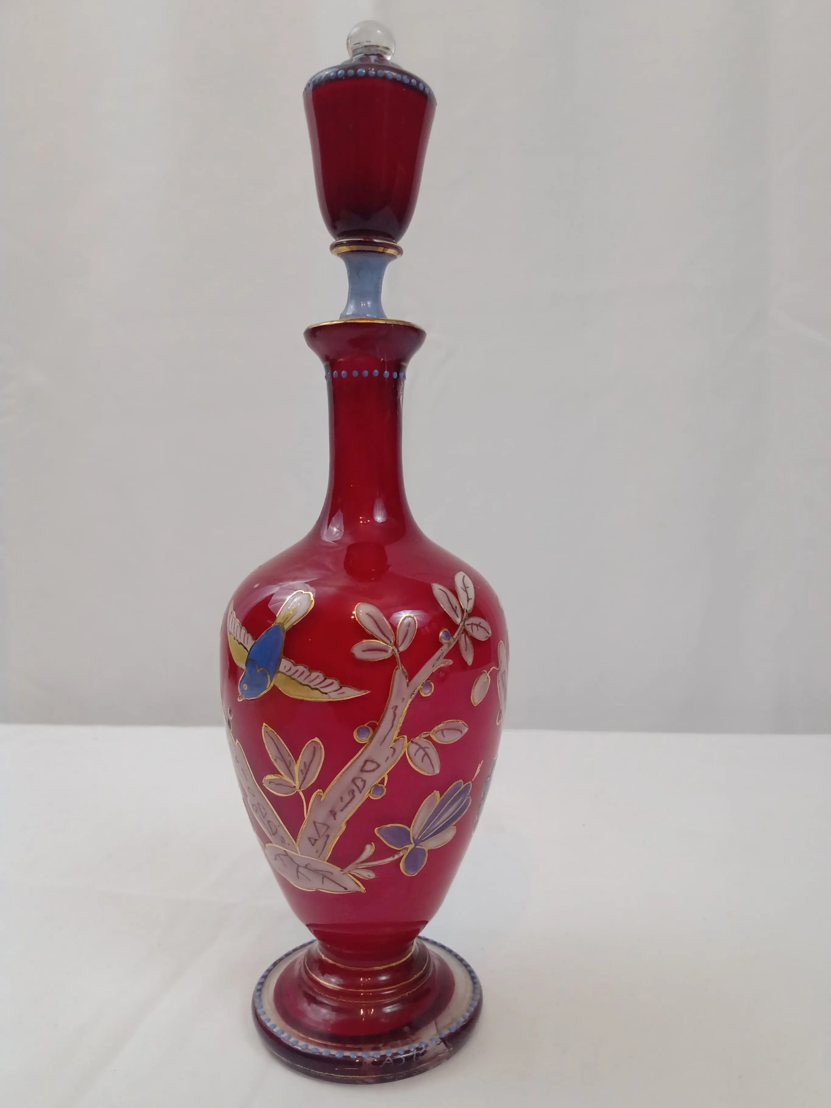 19th Century Art Glass Perfume Bottle with Stopper with Bird and Flower Motif.