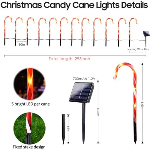 24 Pack Upgraded Waterproof Solar Christmas Candy Cane Lights, Christmas Pathway Stake Lights Outdoor with 8 Modes, Solar Pathway Makers Lights for Outdoor Yard Walkway Garden Christmas Decorations