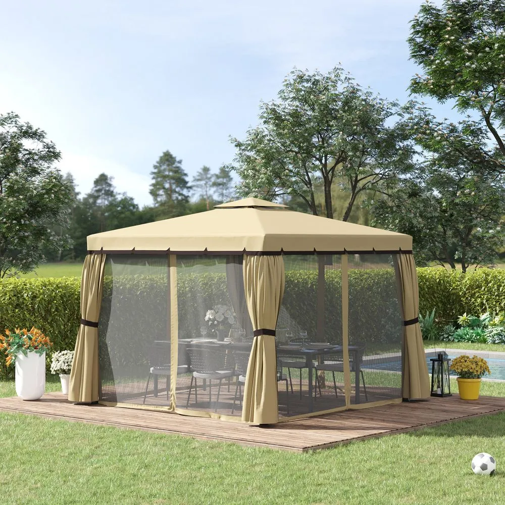 3x3m Patio Gazebo Water Repellent Roof, Mosquito Net Aluminium Beige