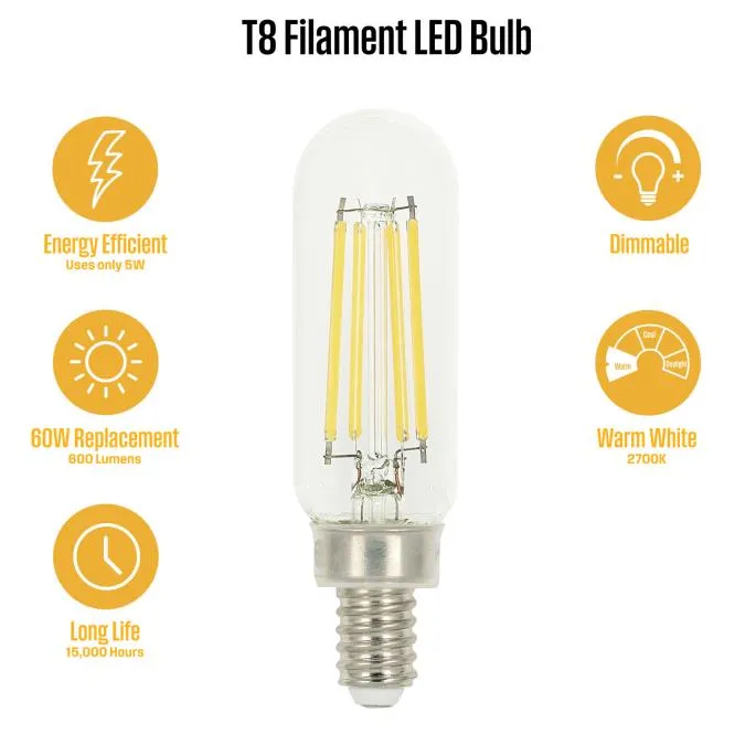 5W T8 Filament LED Dimmable Clear 2700K E12 (Candelabra) Base