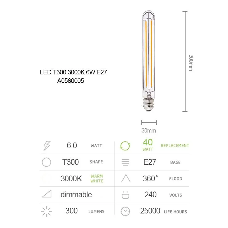 6PACK LED Vintage Style Filament Bulb Tube Shape 6W E27 T300 T185 Warmwhite