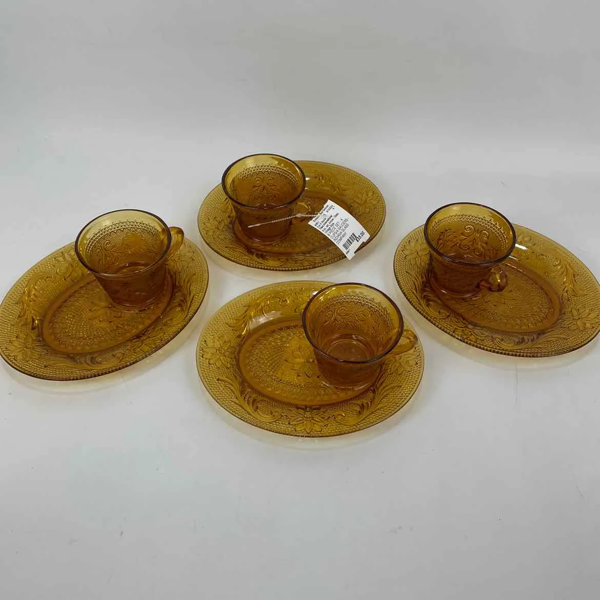 8 pc. set Amber Tiara International Glass Vintage Style Cup & Saucer