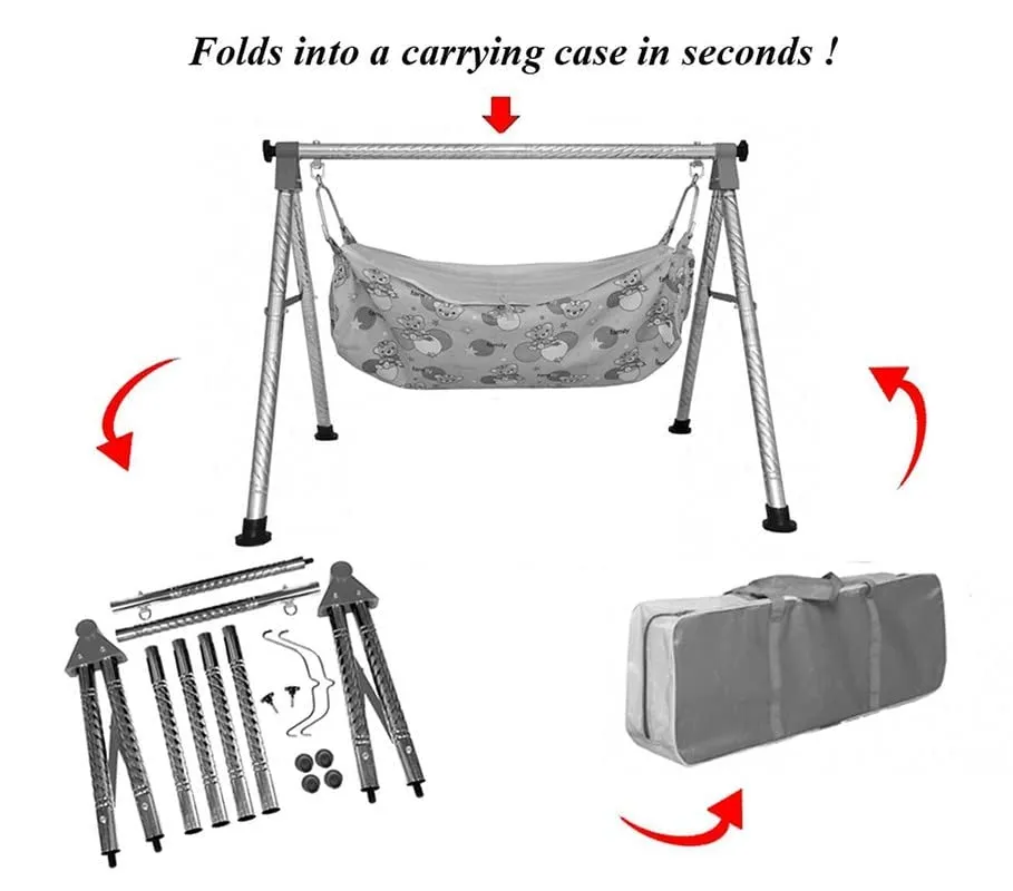 A to Z Hub Stainless Steel Portable and Foldable Baby Cradle/ghodiyu/Baby Swing/Parna/Baby jhula/thottilu with Mosquito net Hammock. (Round Pipe Black)