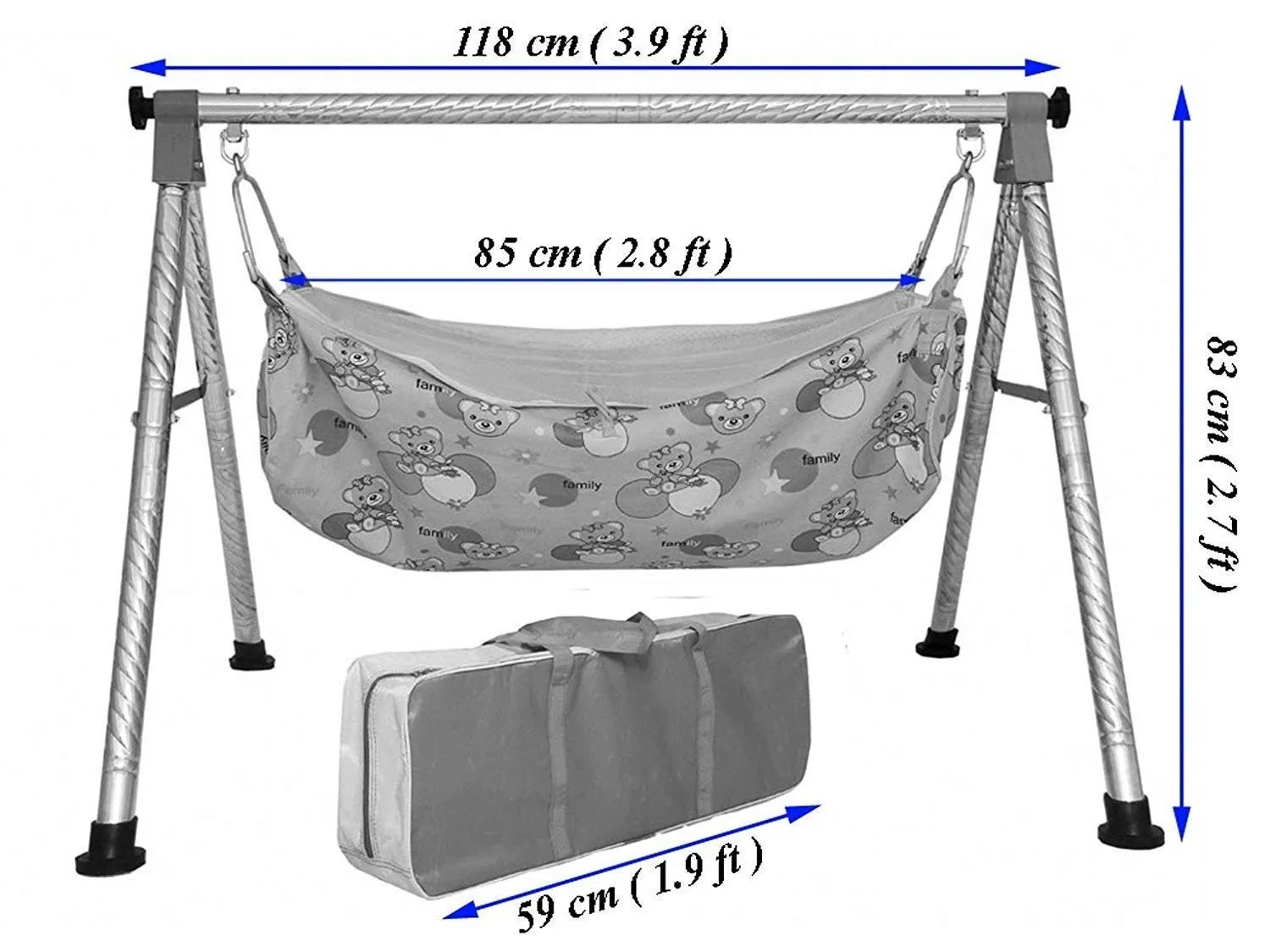 A to Z Hub Stainless Steel Portable and Foldable Baby Cradle/ghodiyu/Baby Swing/Parna/Baby jhula/thottilu with Mosquito net Hammock. (Round Pipe Black)