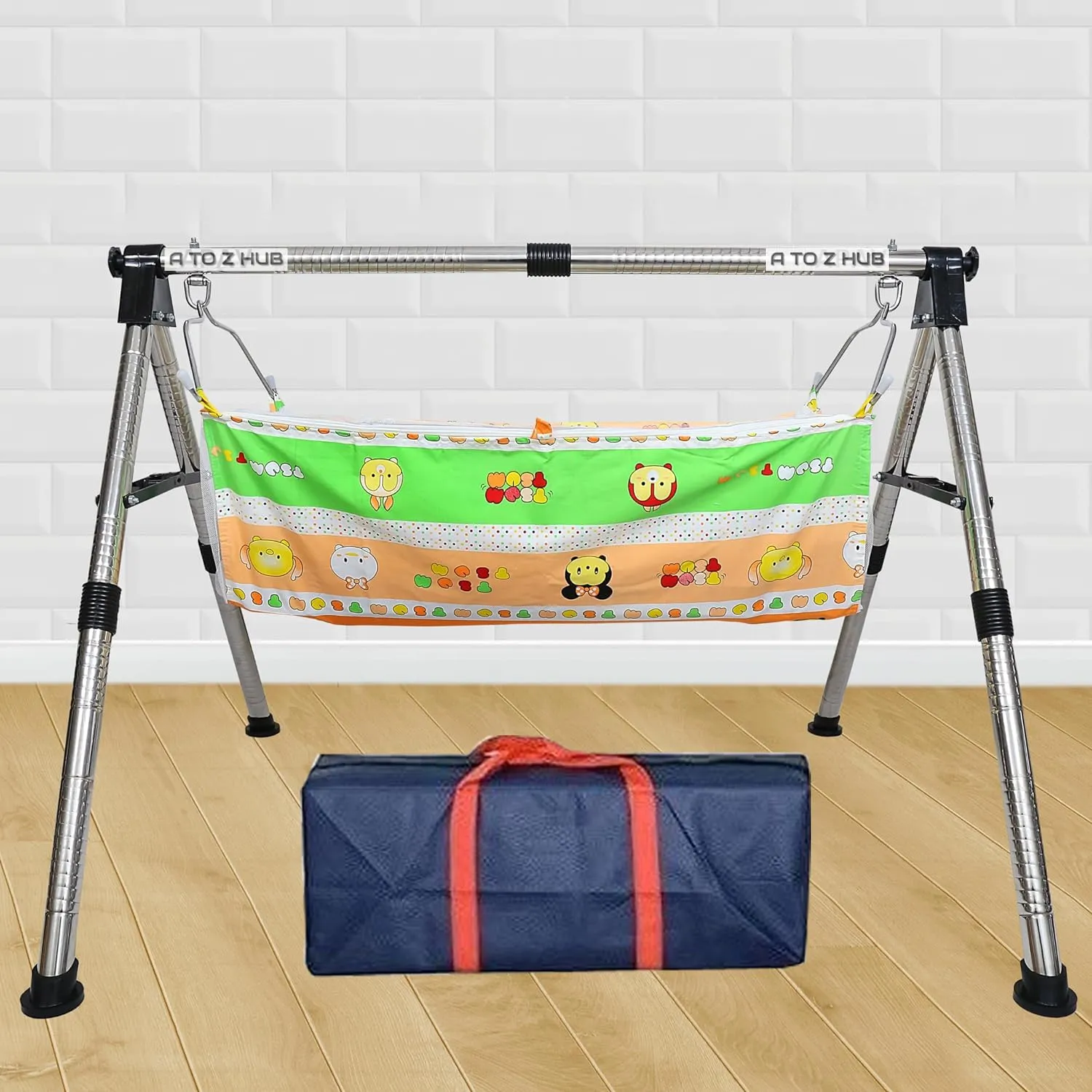 A to Z Hub Stainless Steel Portable and Foldable Baby Cradle/ghodiyu/Baby Swing/Parna/Baby jhula/thottilu with Mosquito net Hammock. (Round Pipe Black)