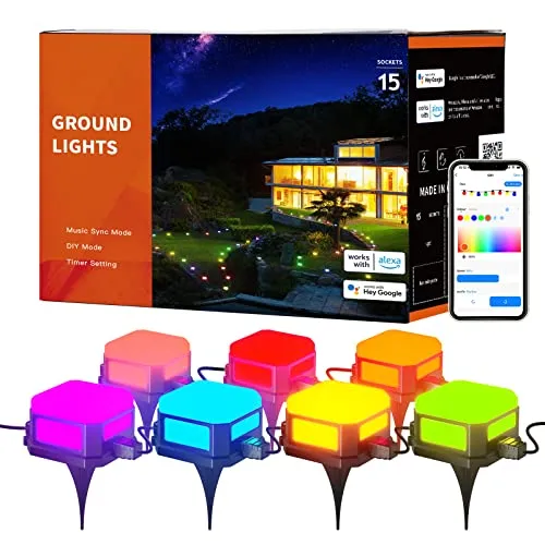 addlon Outdoor Ground Lights, 48ft Multicolor Smart Pathway Lights, 15Pack IP65 Waterproof Smart Landscape Lighting, App Control Walkway Lights with 8 Scene Modes Patio Light for Yard Garden