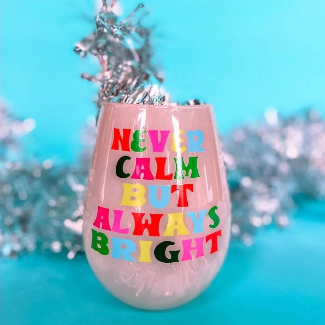 Always Bright Jumbo Stemless Wine Glass in Pink Tinted Glass | Pastel Christmas | 30 oz. Holds an Entire Bottle of Wine!