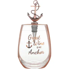 Anchor Bottle Stopper and 20 oz Stemless Gift Set