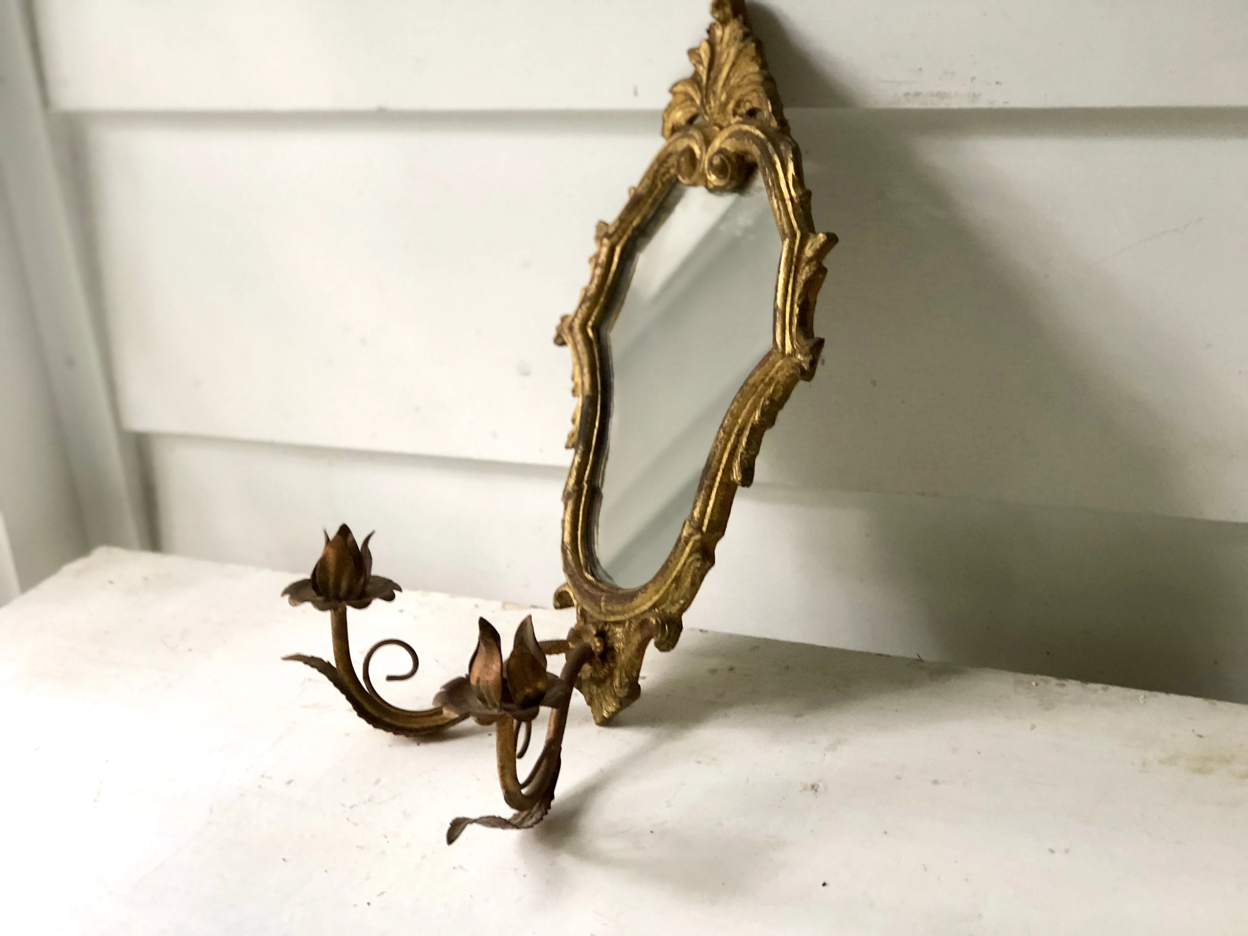 Antique Florentine Gold Gild Candle Holder Mirror Wall Mount