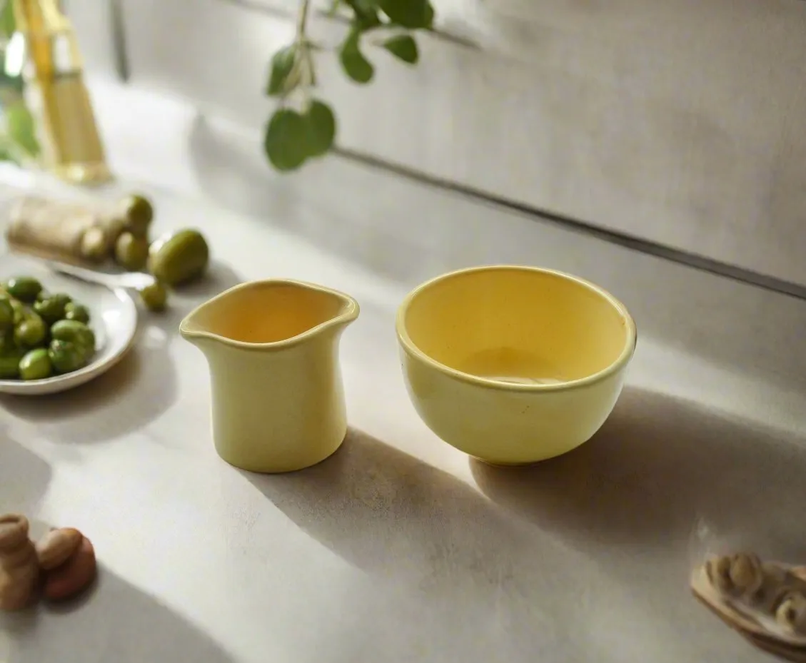 Antique Yellow Pottery Mini Handleless Milk Jug and Sugar Bowl For One