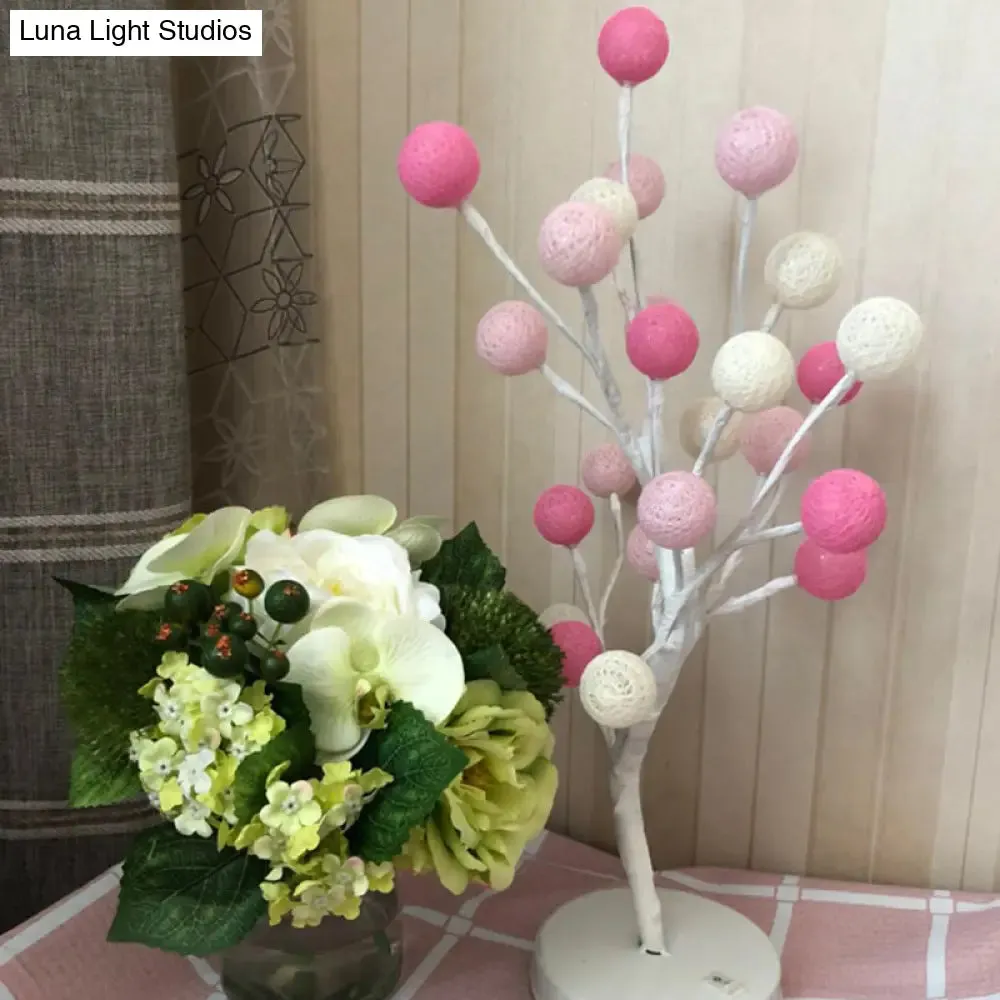 Art Deco LED Night Table Lamp with Cotton Thread Ball Tree Design - Pink/Blue/Green