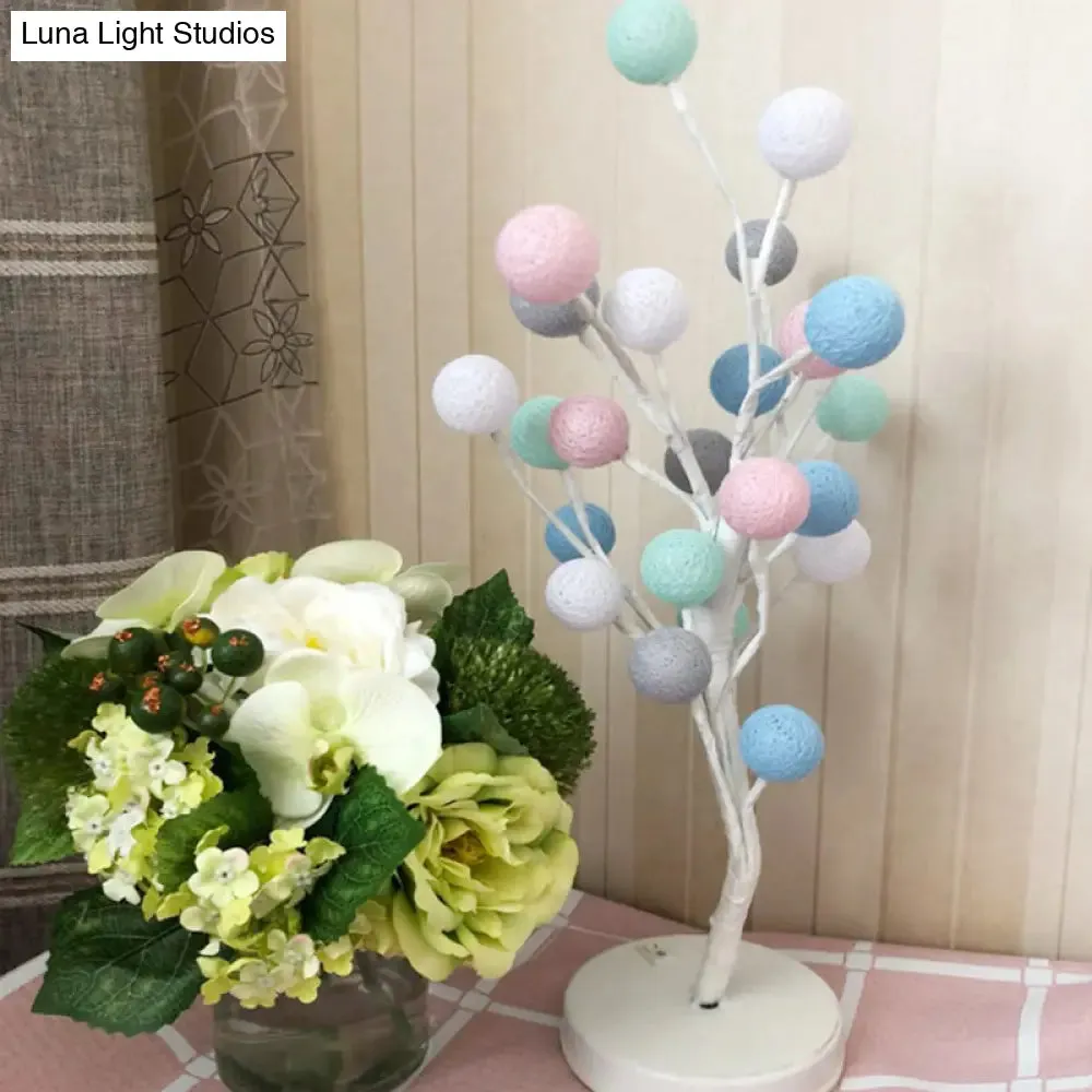 Art Deco LED Night Table Lamp with Cotton Thread Ball Tree Design - Pink/Blue/Green