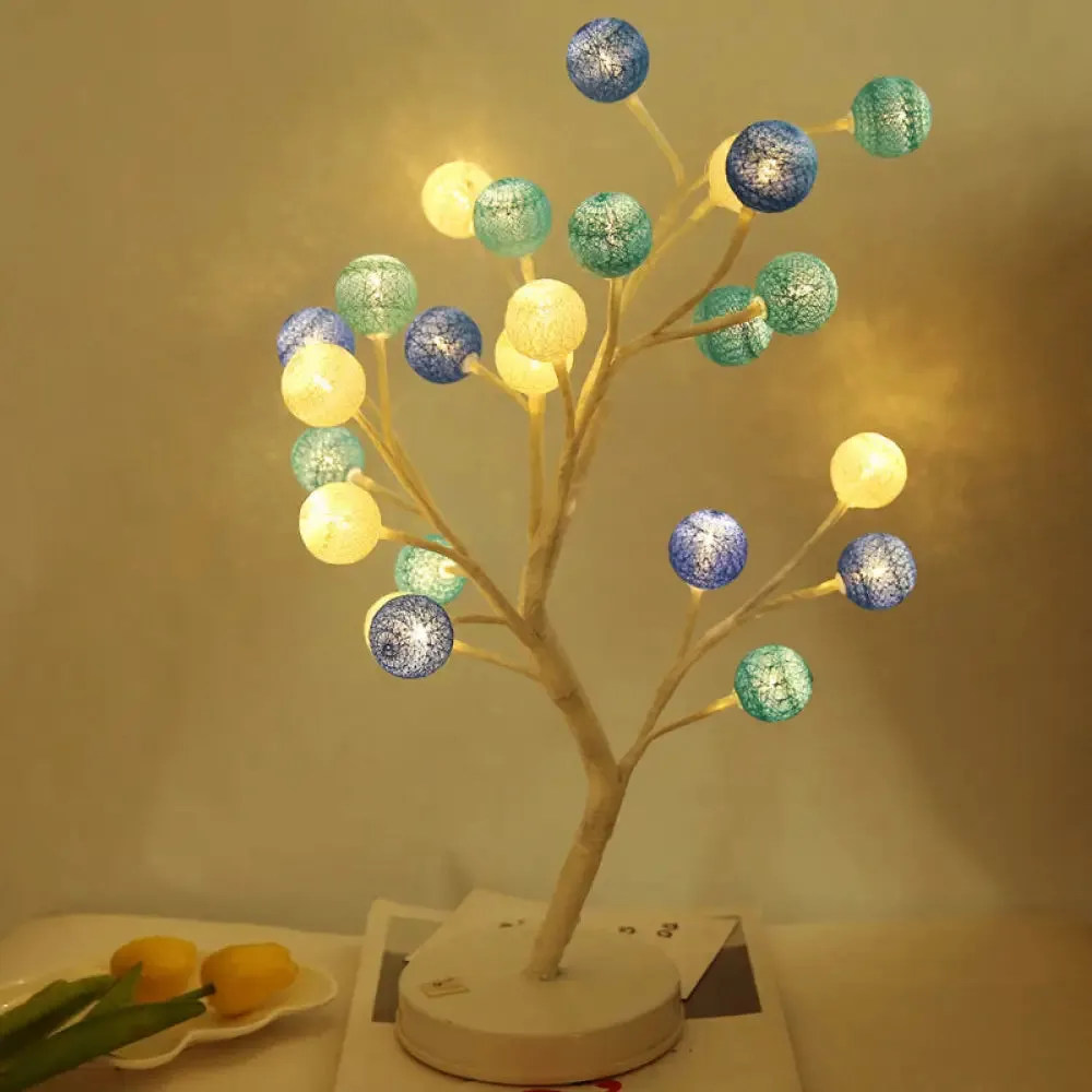 Art Deco LED Night Table Lamp with Cotton Thread Ball Tree Design - Pink/Blue/Green