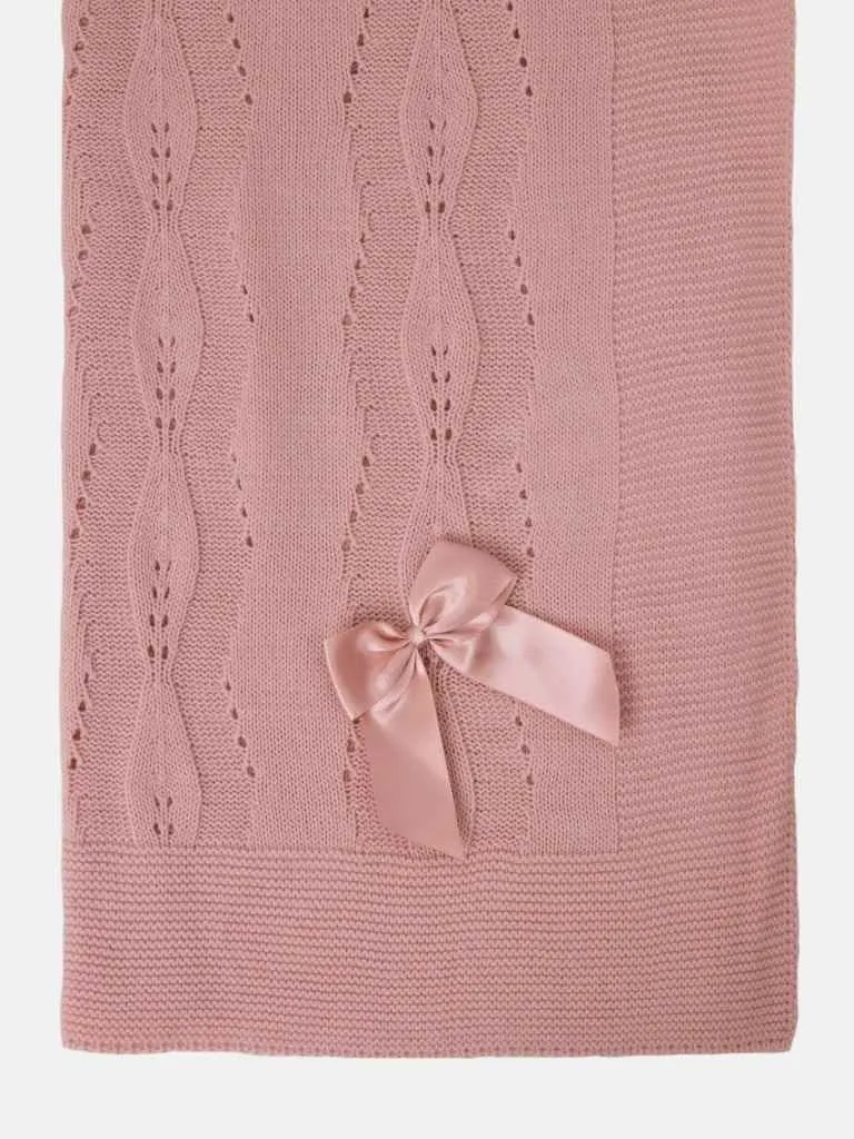 Baby Spanish Delicate Knitted Blanket with Bow - Dusty Pink