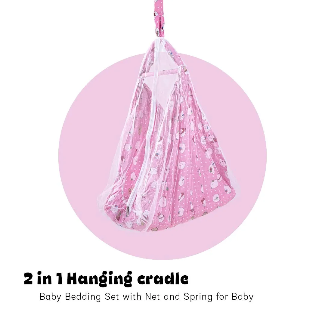 BAYBEE 2 in 1 Newborn Hanging Swing Cradle with Mosquito net and Spring Baby Boy's and Girl's Sleep Cotton Randy/Jhula/Jhoola/Bedding Set with Net for 0 to 2 Years (Randy, Pink)