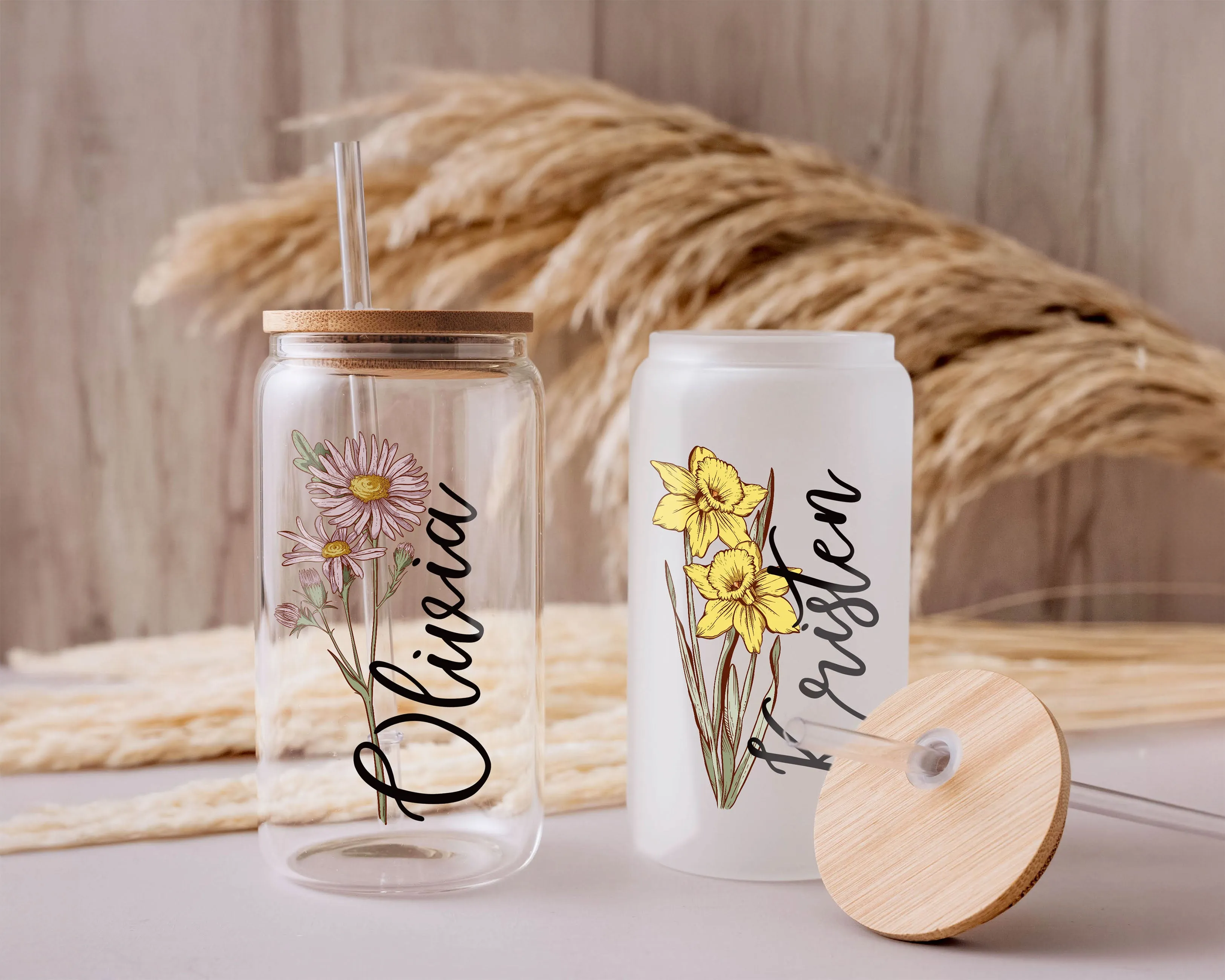 Birth Flower 16oz Sublimation Glass Cup with Straw & Lid