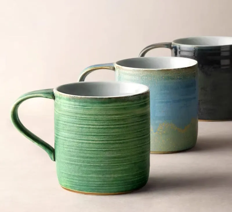 Blue Green Black Ceramic Coffee Mugs, Creative Handmade Coffee Mugs, Large Modern Handmade Pottery Coffee Cup, Large Capacity Coffee Mugs