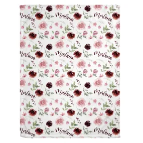 Burgundy Blush Floral Personalized Minky Blanket (Luxe Minky)