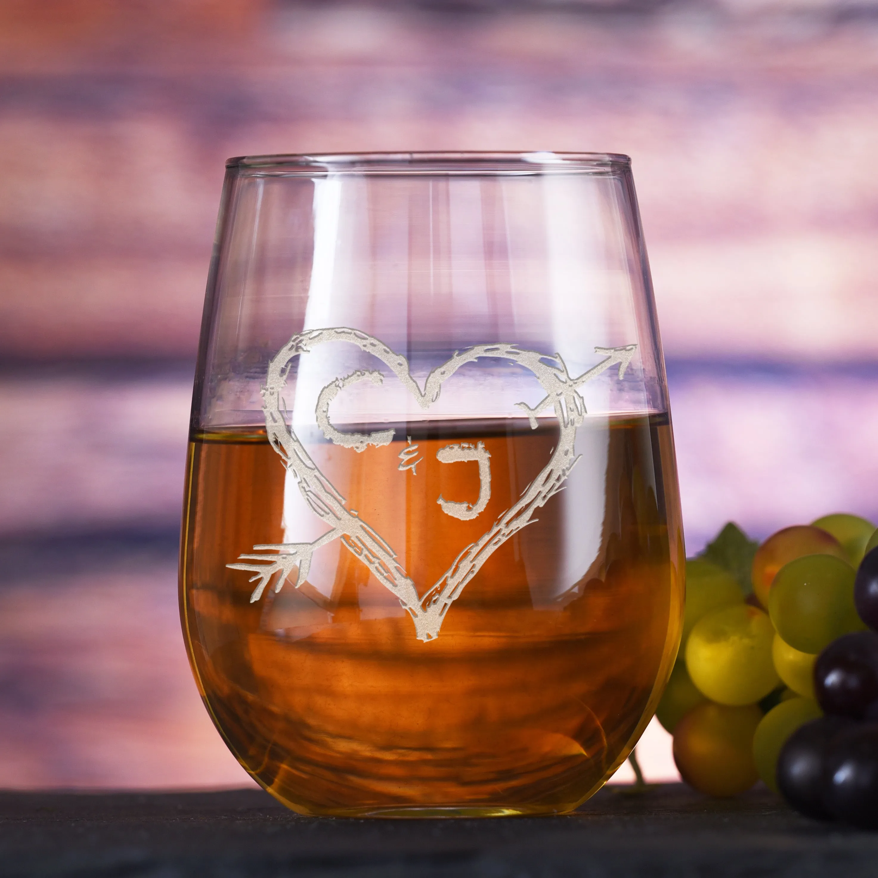 Carved Initials in Heart Stemless Wine Glass