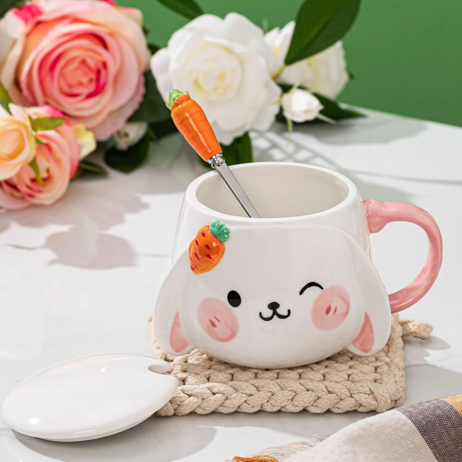 Ceramic Bunny Mug With Lid & Carrot Spoon