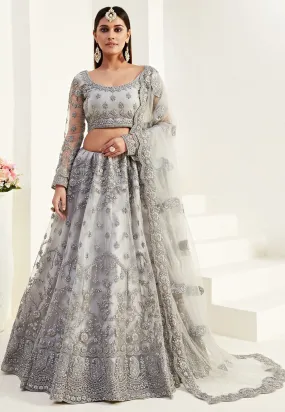 Charming Grey Net Embroidered Wedding Lehenga Choli