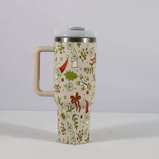 Christmas  Large Stainless Steel Vacuum Tumbler With Handle & Lid Straw