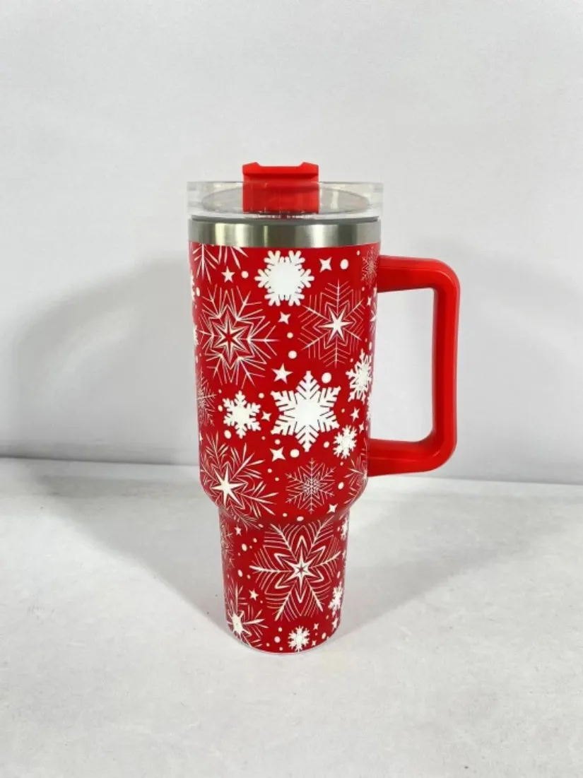 Christmas  Large Stainless Steel Vacuum Tumbler With Handle & Lid Straw