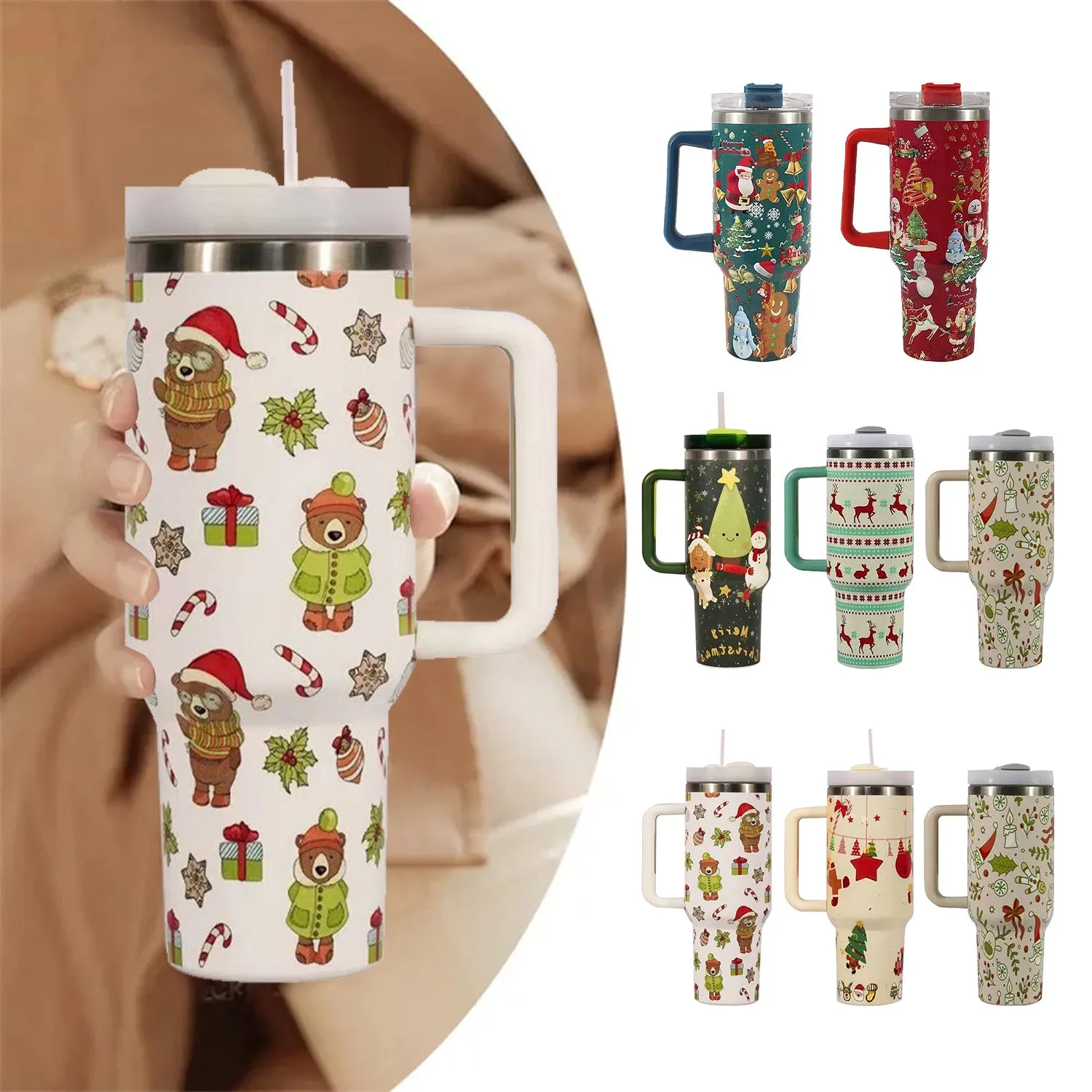 Christmas  Large Stainless Steel Vacuum Tumbler With Handle & Lid Straw