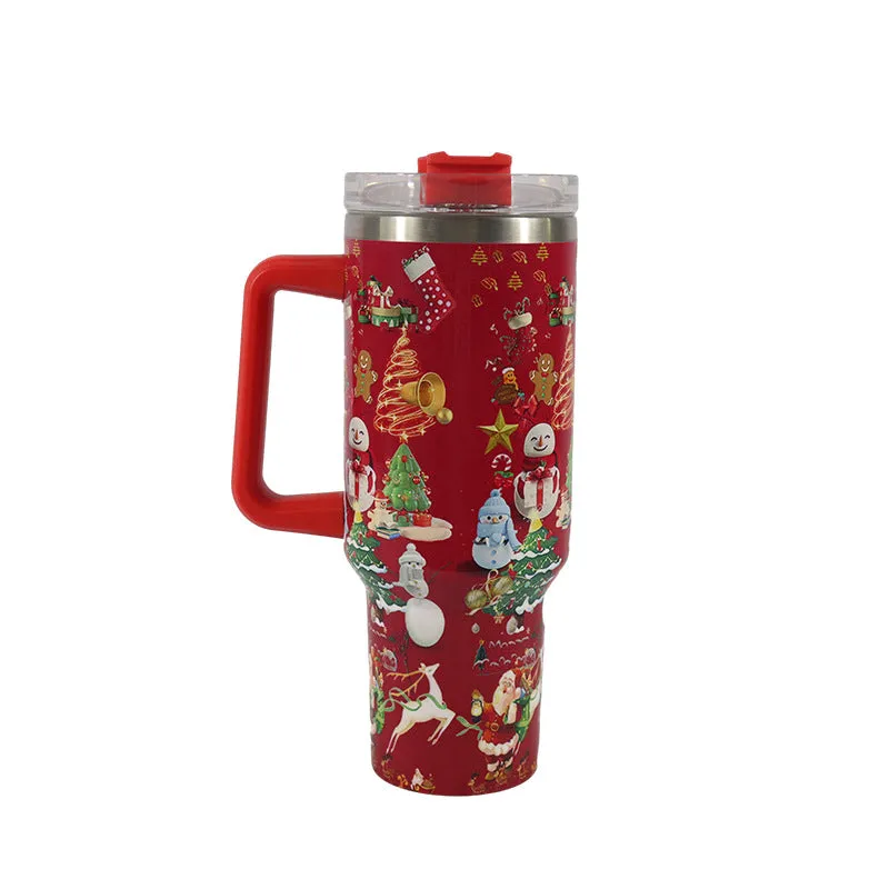 Christmas  Large Stainless Steel Vacuum Tumbler With Handle & Lid Straw