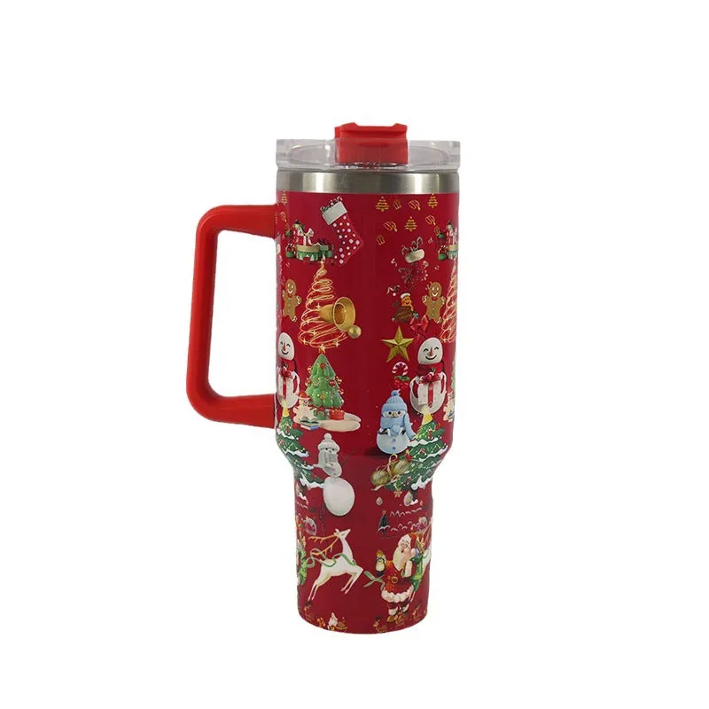 Christmas  Large Stainless Steel Vacuum Tumbler With Handle & Lid Straw