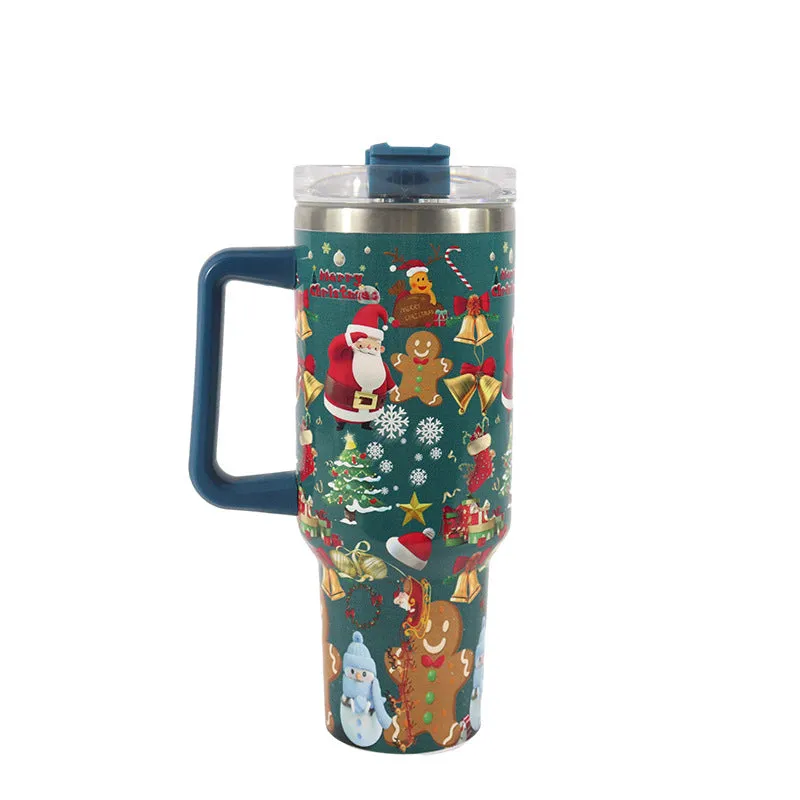 Christmas  Large Stainless Steel Vacuum Tumbler With Handle & Lid Straw