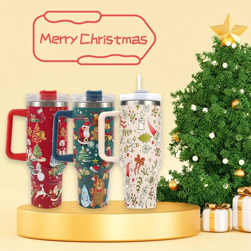 Christmas  Large Stainless Steel Vacuum Tumbler With Handle & Lid Straw