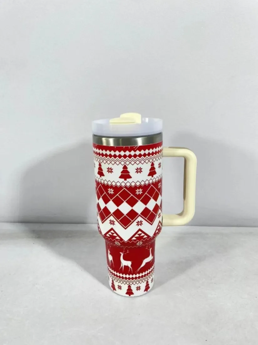 Christmas  Large Stainless Steel Vacuum Tumbler With Handle & Lid Straw