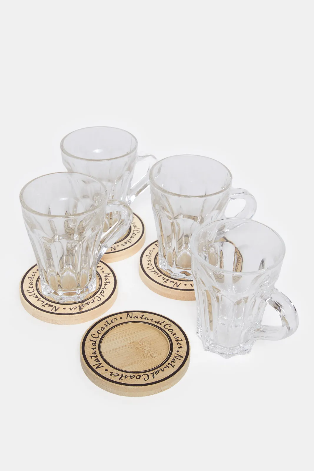 Clear Glass Cup With Wooden Coaster Set ( 8 Piece)