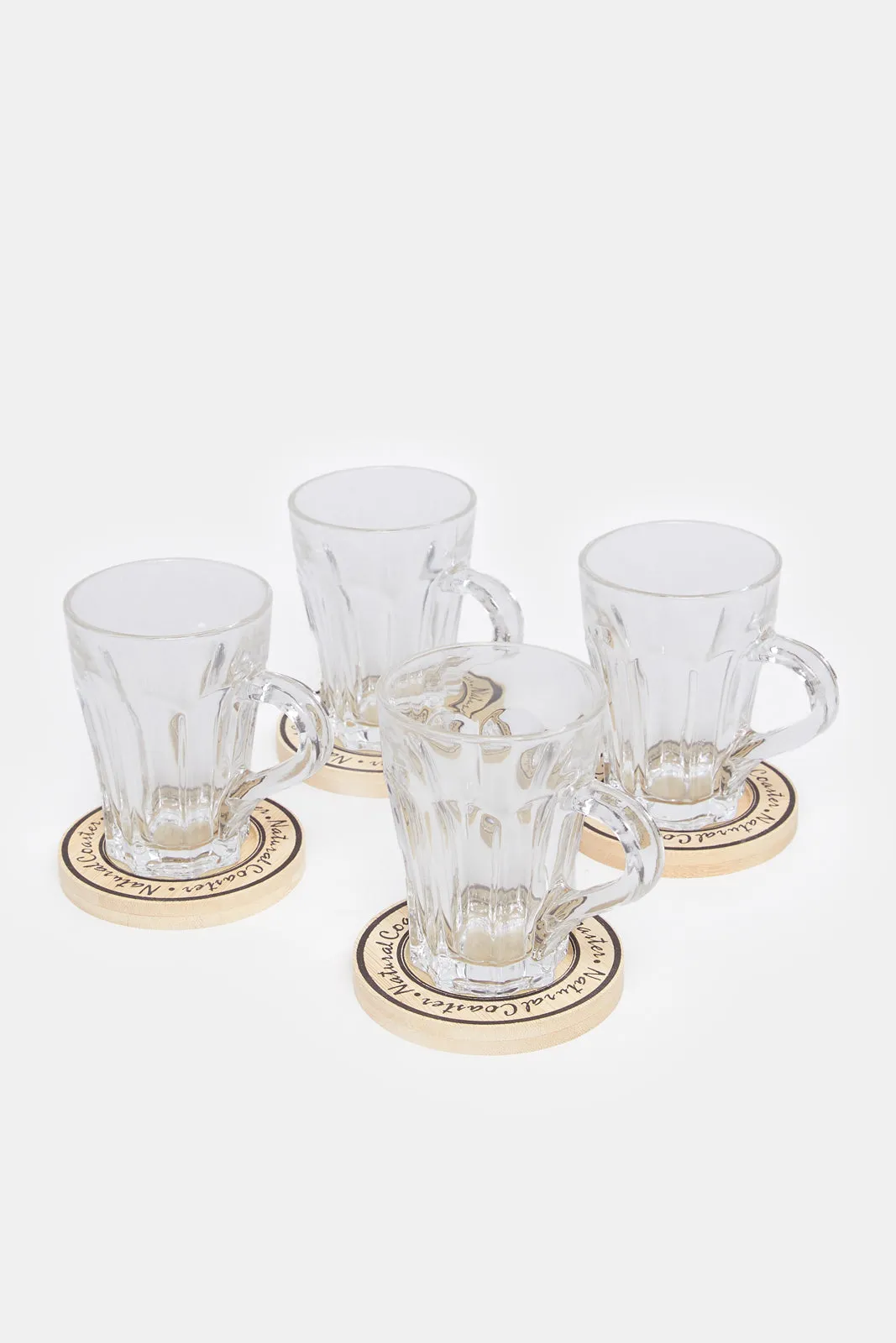 Clear Glass Cup With Wooden Coaster Set ( 8 Piece)