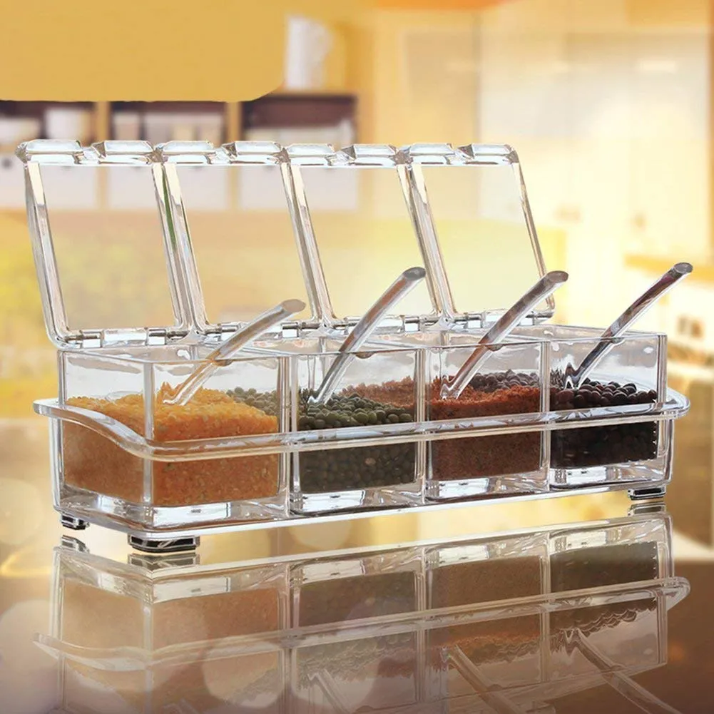 Clear Seasoning Rack Spice Pots - 4pcs Crystal Spice Box/Masala Box/Seasoning Box/Multipurpose Box with Spoons