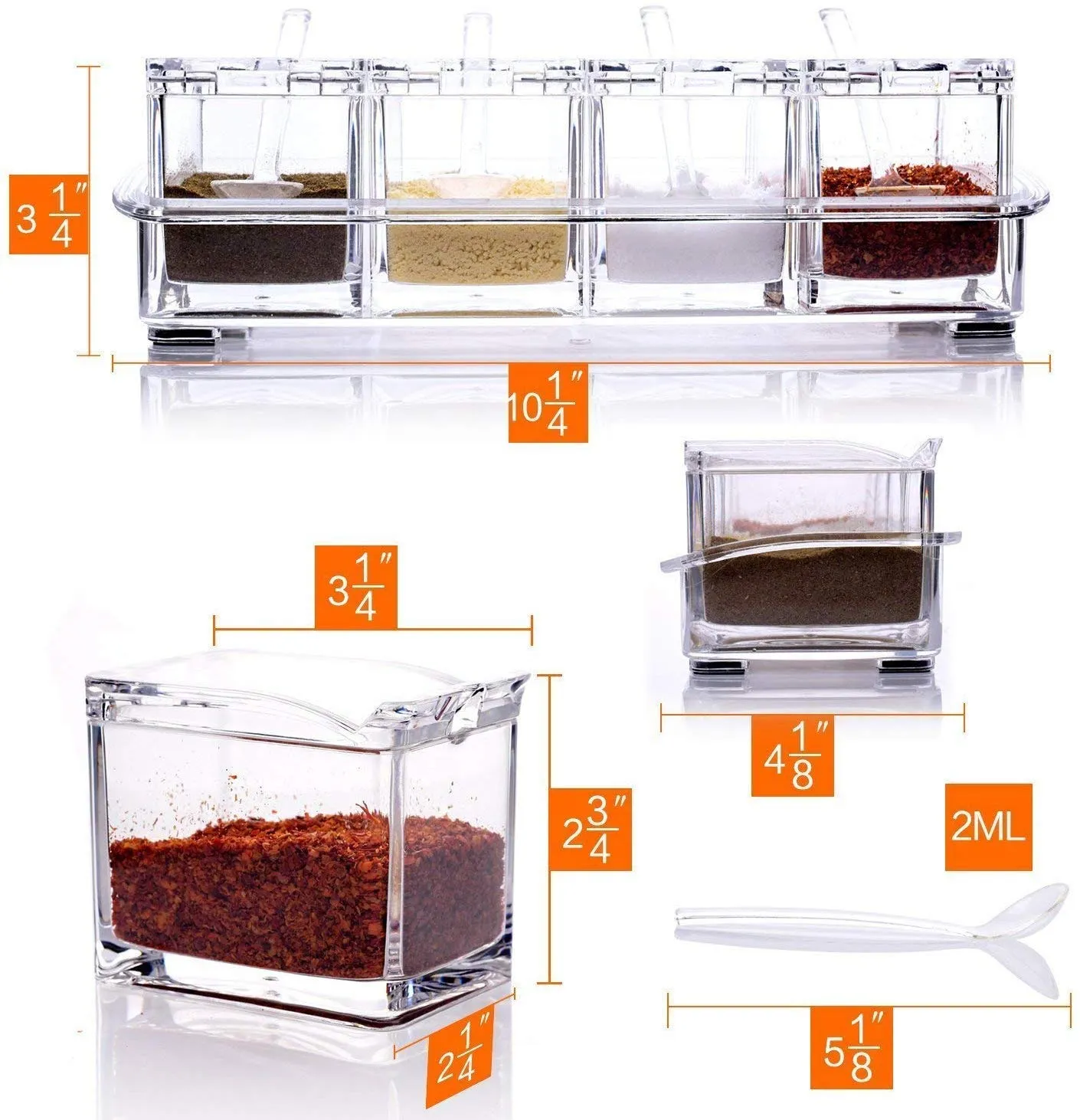 Clear Seasoning Rack Spice Pots - 4pcs Crystal Spice Box/Masala Box/Seasoning Box/Multipurpose Box with Spoons