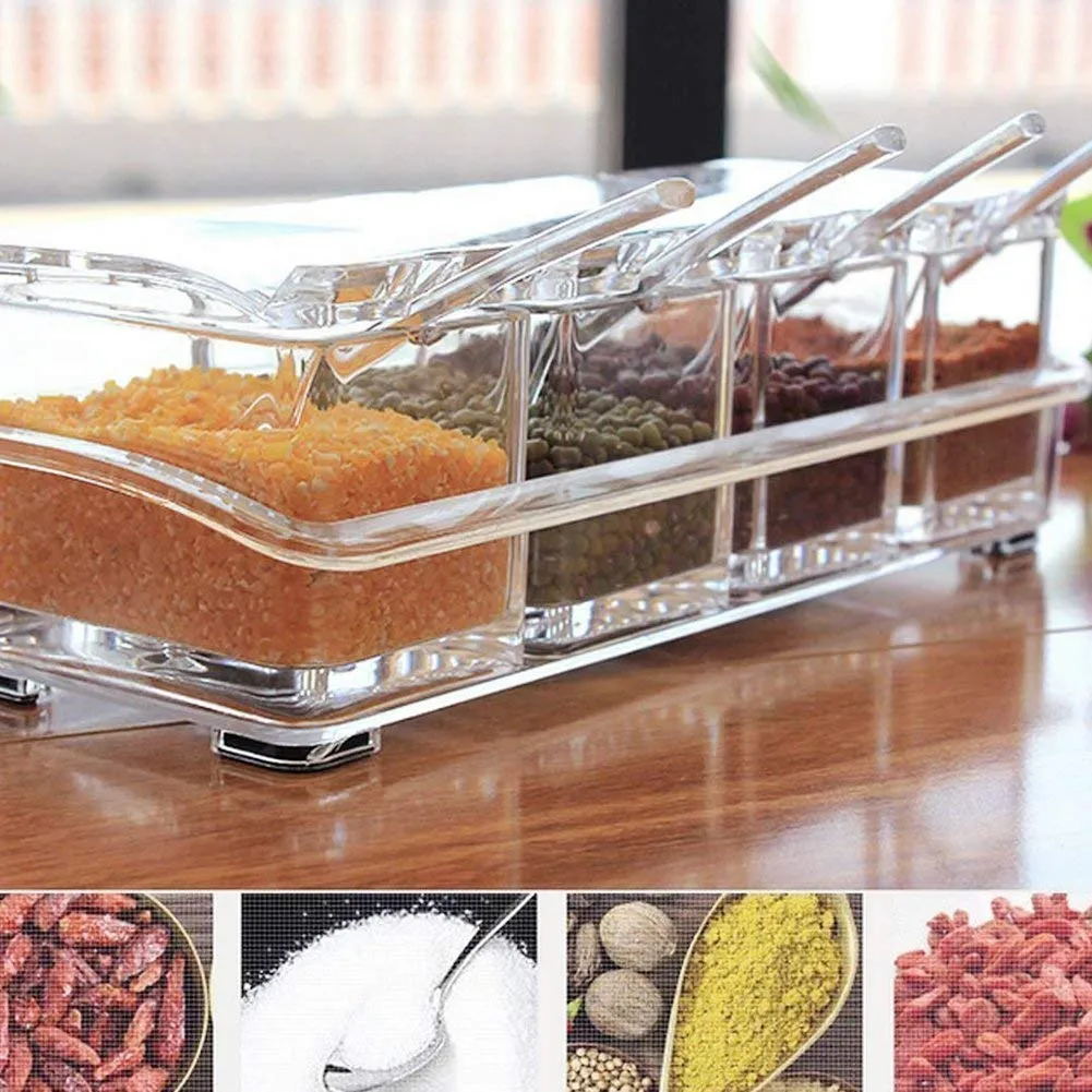 Clear Seasoning Rack Spice Pots - 4pcs Crystal Spice Box/Masala Box/Seasoning Box/Multipurpose Box with Spoons