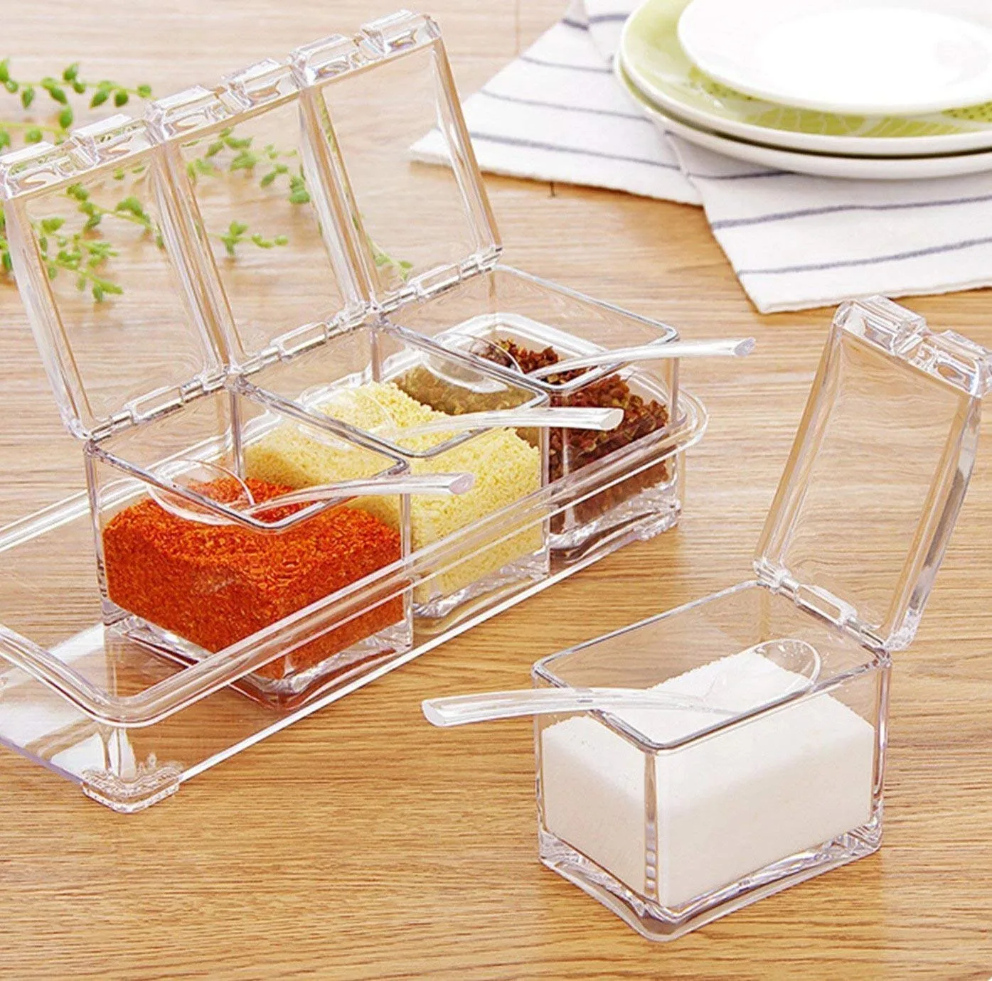 Clear Seasoning Rack Spice Pots - 4pcs Crystal Spice Box/Masala Box/Seasoning Box/Multipurpose Box with Spoons