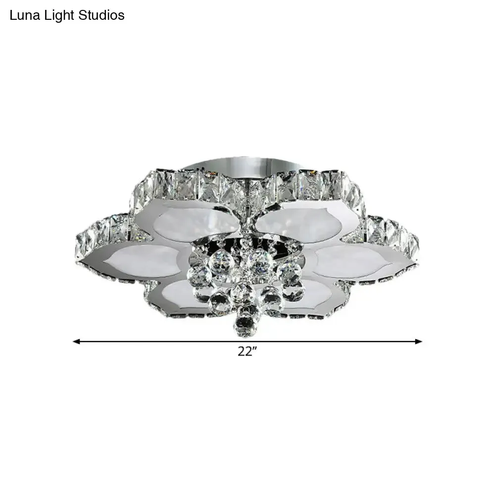 Contemporary Beveled Glass Lotus LED Flush Light in Chrome - Ideal for Bedroom, 17"/22" Wide