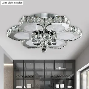 Contemporary Beveled Glass Lotus LED Flush Light in Chrome - Ideal for Bedroom, 17"/22" Wide