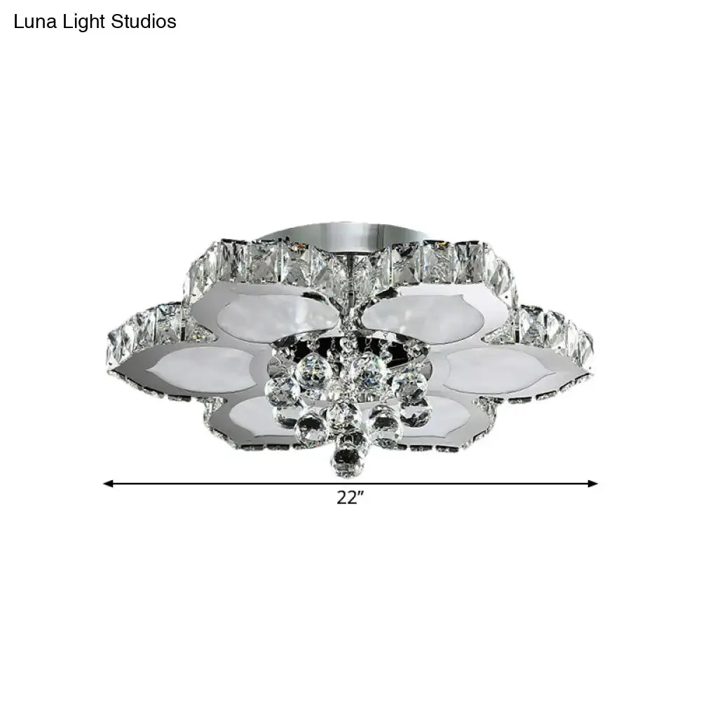 Contemporary Beveled Glass Lotus LED Flush Light in Chrome - Ideal for Bedroom, 17"/22" Wide