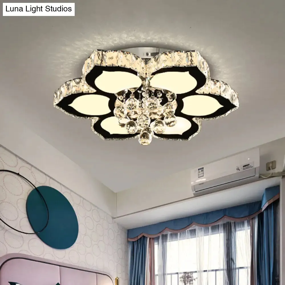 Contemporary Beveled Glass Lotus LED Flush Light in Chrome - Ideal for Bedroom, 17"/22" Wide