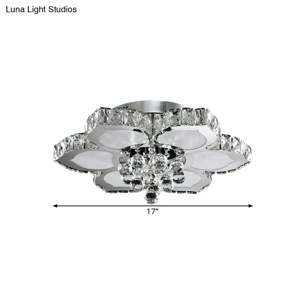 Contemporary Beveled Glass Lotus LED Flush Light in Chrome - Ideal for Bedroom, 17"/22" Wide