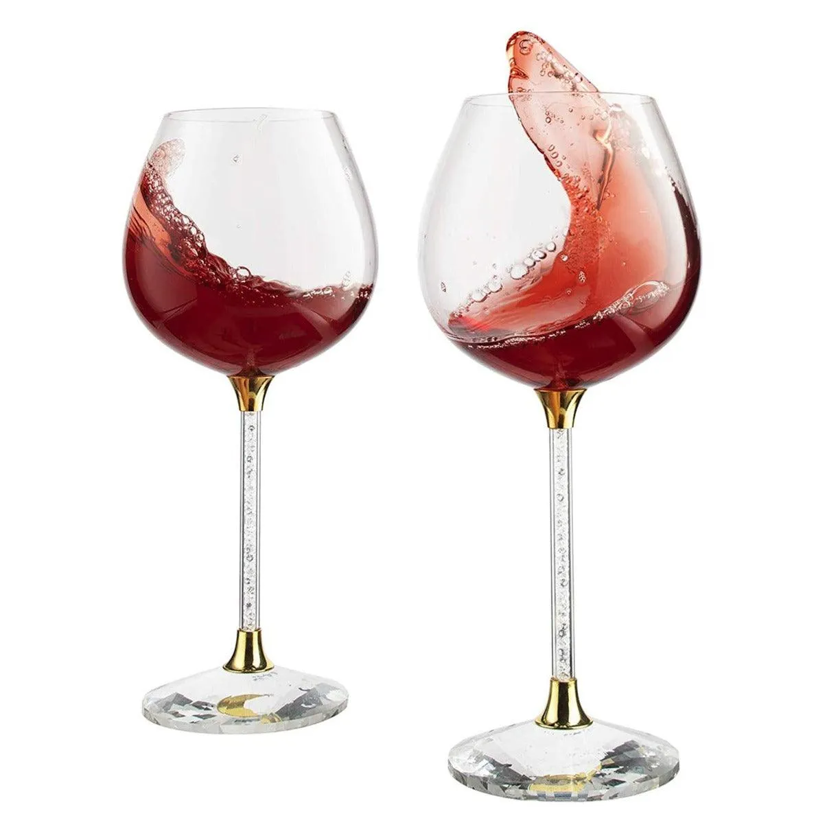 Crystal Wine Glasses Diamond Filled Stem, White and Red Wine, With Laser Cut Diamond Base Large 18 Ounces by The Wine Savant