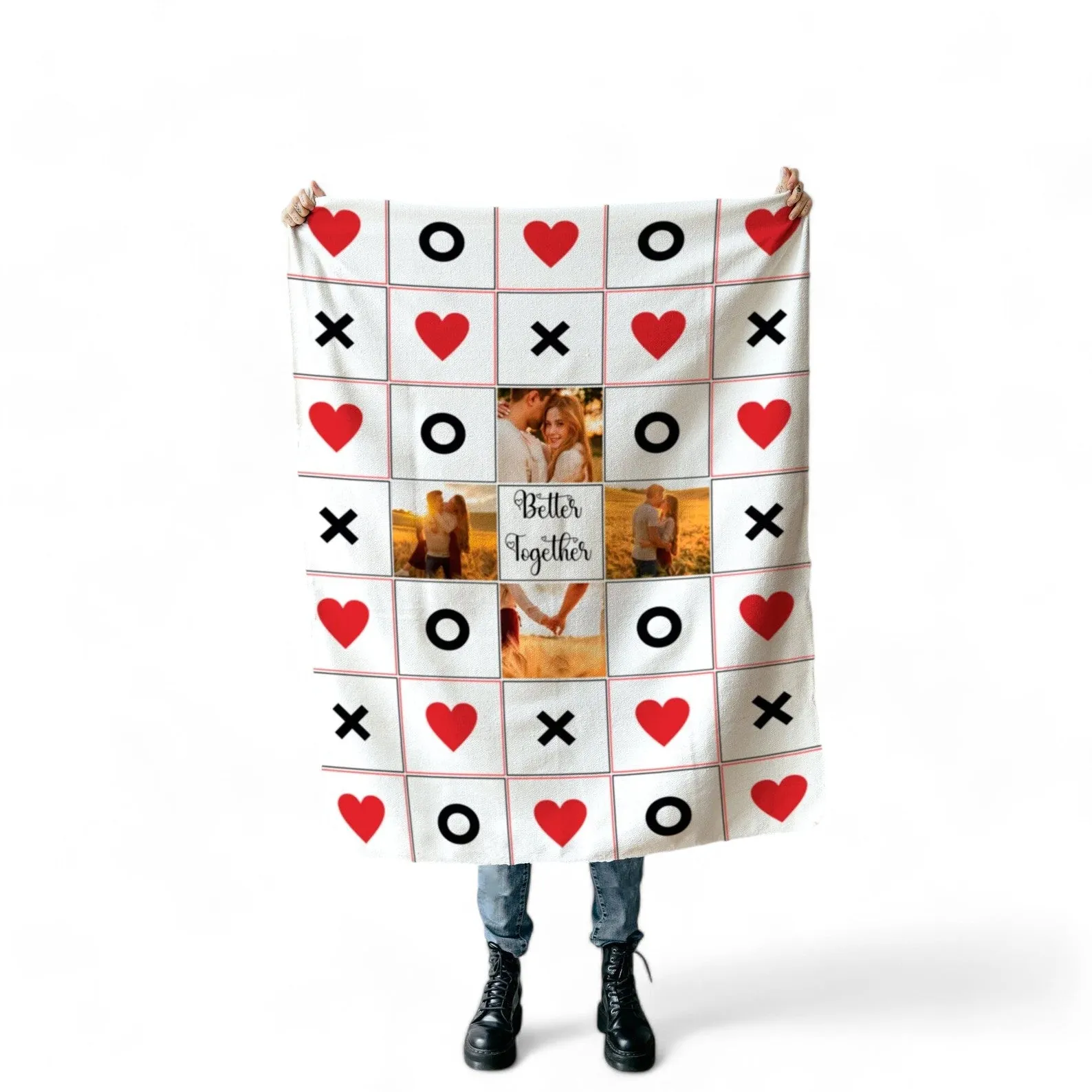 Custom Tic-Tac-Toe Couple Photo Blanket - Personalized Gift for Couples